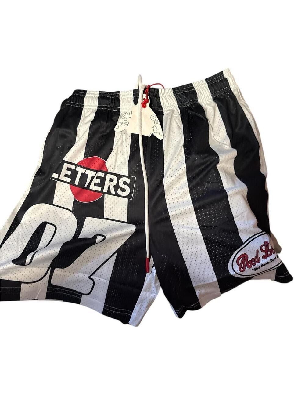 Red Letters Black and White Striped Athletic Shorts